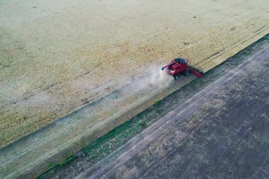 Harvester in Pampas Countryside, aerial view, La Pampa province, Argentina. photo