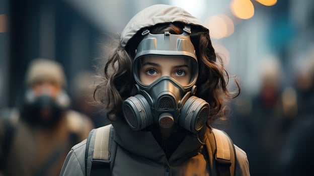 Girl Wearing Mask to Protect from Smog and Air Pollution AI Generated photo