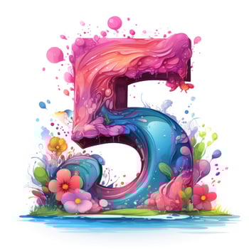 Colorful Paints on Number 5  Childrens Book Illustration Style AI Generated photo