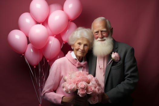 Two Elderly Men Dressed in Pink Clothing Holding HeartShaped Balloons AI Generated photo