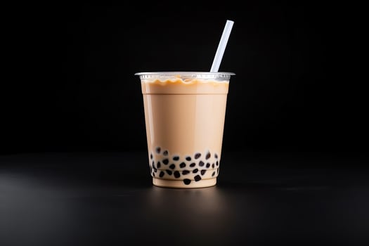 milk tea white bubble on plastic cup, isolated on dark background, side view. ai generated photo