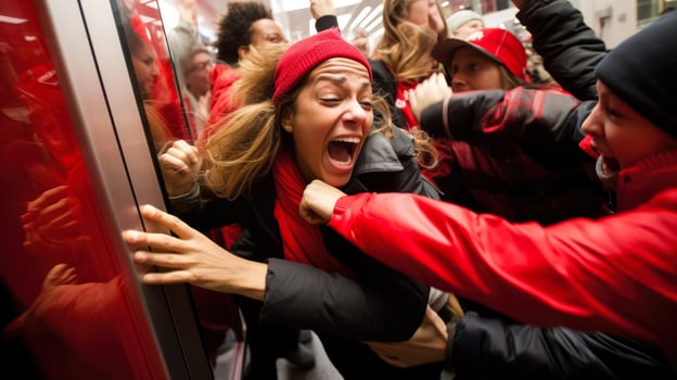 Frenzied shoppers rushing into a store as the doors open on black friday photo