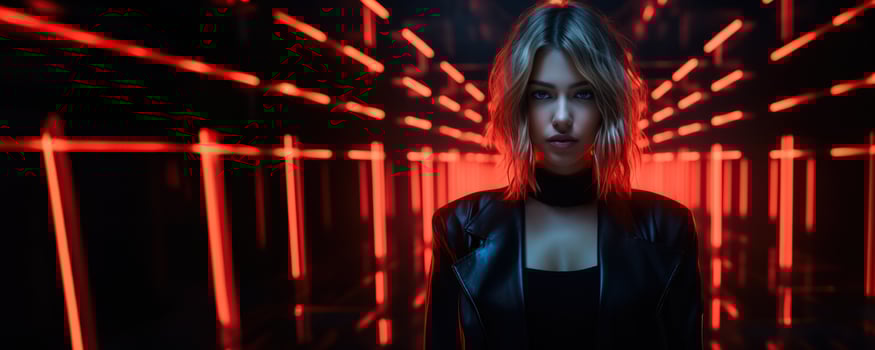 Portrait of young woman in neon on dark studio background cyber monday concept background with empty space for text photo