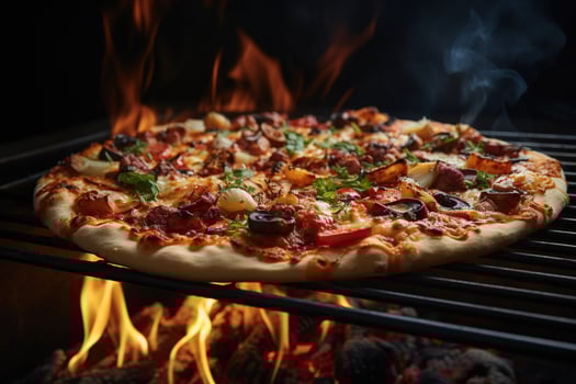 Pepperoni pizza with mozzarella cheese, tomatoes and basil on wooden table , AI Generative photo