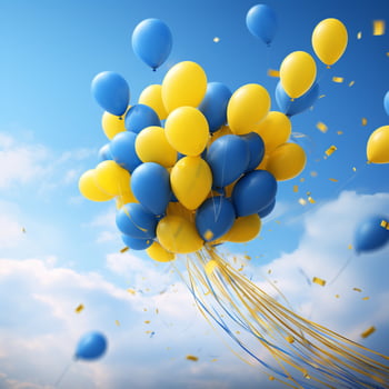 flying balloons in yellow and blue colors photo