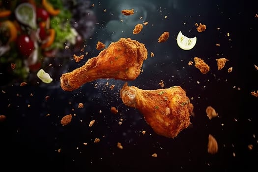 Flying elements of fried chicken with tomatoes and parsley, Generative AI photo