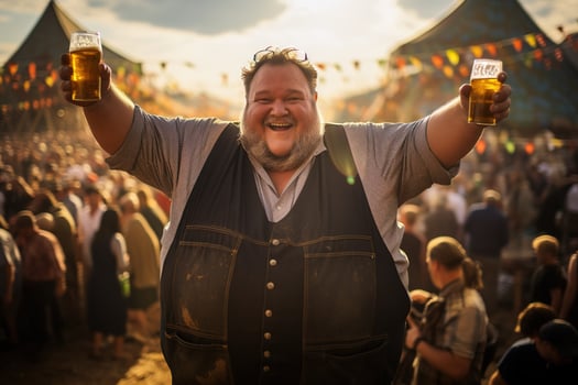 Happy fat guy with two mugs of beer on a beer festival, generative ai photo
