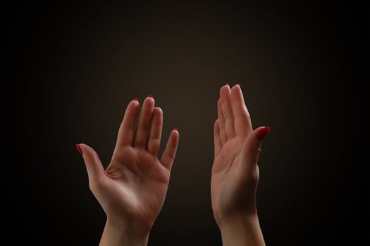 Woman's hands praying against a white background photo