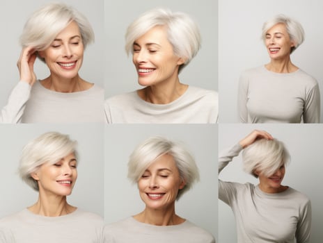 Studio shot of middle-aged woman dynamic emotional gestures AI Generative photo
