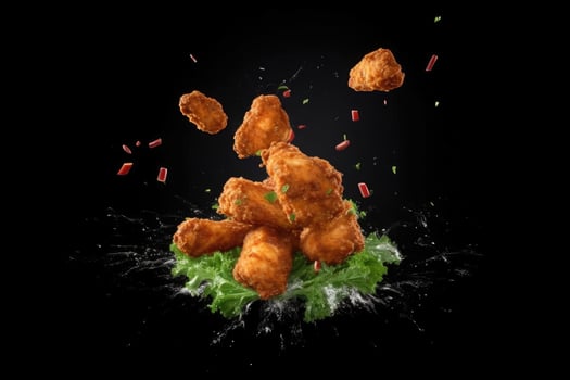 Flying elements of fried chicken with tomatoes and parsley, Generative AI photo