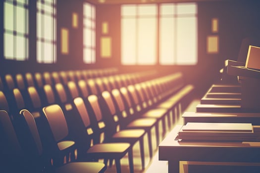 Blurred image of Empty classroom, college lecture hall preparing for education in university, conference room before meeting. Business meeting room or Board room interiors. vintage tone photo