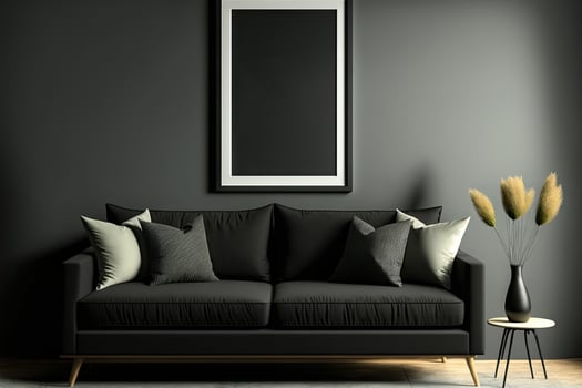 mockup of a black home with a black sofa and frames, photo