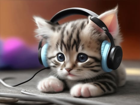 A Cute little kitten wearing headphone, Illustration by Generative Ai photo
