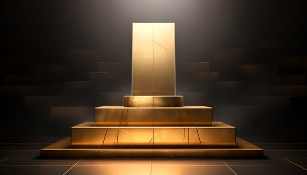 empty glowing golden podium for product presentation, podium for new product, promotion, and advertising photo