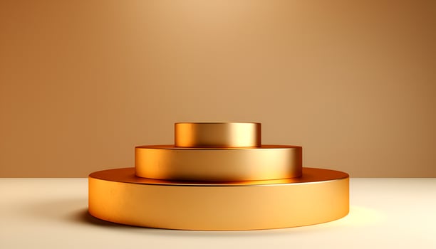 empty glowing golden podium for product presentation, podium for new product, promotion, and advertising photo