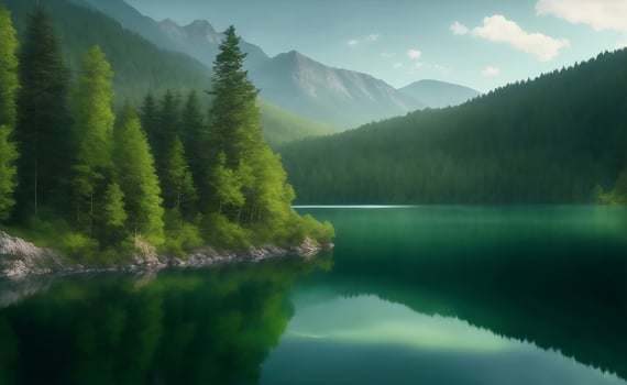 Green mountain lake surrounded by trees, Generative AI Illustration. photo