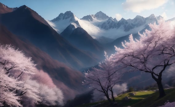 Cherry Blossom with mountain background, Generative AI Illustration. photo