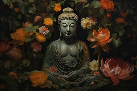 Buddha statue with lotus flower and green leaves background AI Generated photo