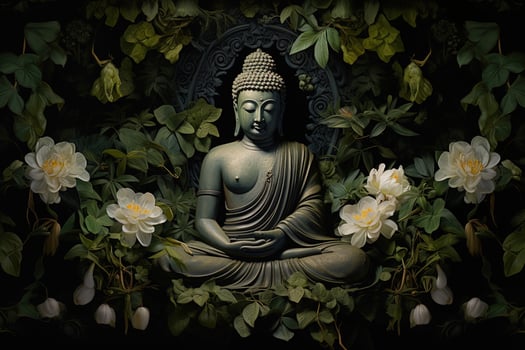 Buddha statue with lotus flower and green leaves background AI Generated photo