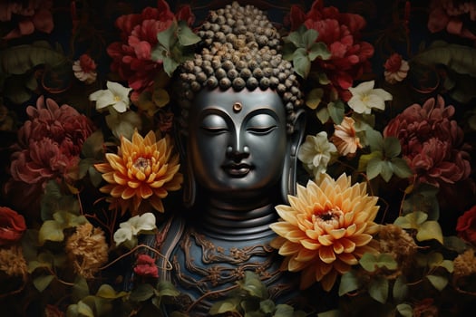 Buddha statue with lotus flower and green leaves background AI Generated photo