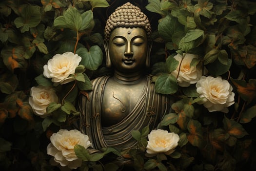 Buddha statue with lotus flower and green leaves background AI Generated photo