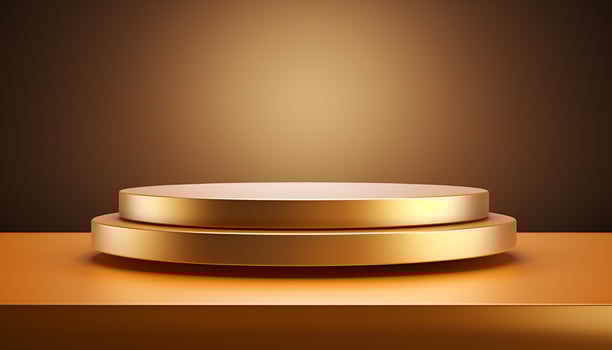 empty glowing golden podium for product presentation, podium for new product, promotion, and advertising photo