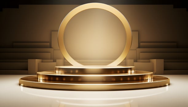 empty glowing golden podium for product presentation, podium for new product, promotion, and advertising photo