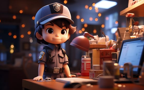 A super cute little police officer boy in an illustration, Generative Ai photo