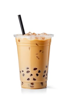 iced milk tea and bubble boba in the plastic glass on the white background. ai generated photo