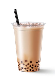iced milk tea and bubble boba in the plastic glass on the white background. ai generated photo
