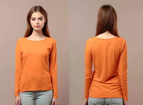 Woman wearing an orange T-shirt with long sleeves. Front and back view. ai generated photo