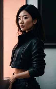 photo of asian woman in jacket outfit with colorful light in background, generative AI