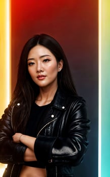 photo of asian woman in jacket outfit with colorful light in background, generative AI