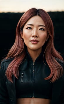 photo of asian woman in jacket outfit with colorful light in background, generative AI