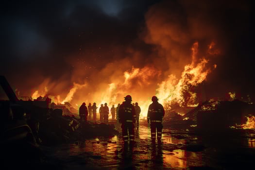 Firemen's silhouettes battle raging scrap inferno AI Generated photo
