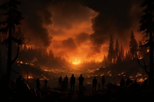 People witness forest fire silhouette in the dark AI Generated photo