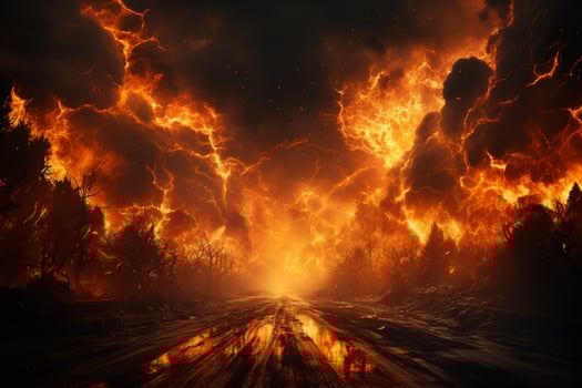 Scorching journey, Road on fire, flames over black canvas AI Generated photo