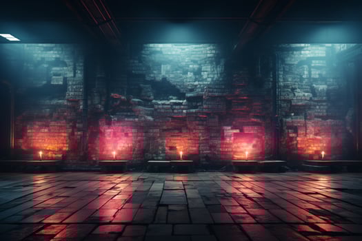 Urban loft, Empty room, brick walls, concrete tiles, neon, spotlight, smoke AI Generated photo