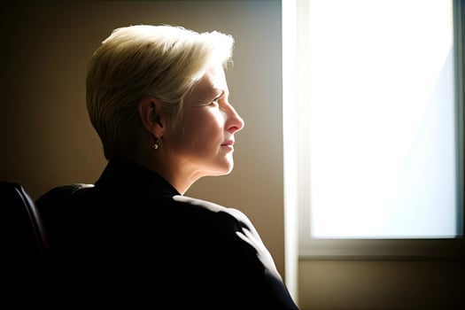 Female CEO sitting in chair looking out window. Generative Ai photo