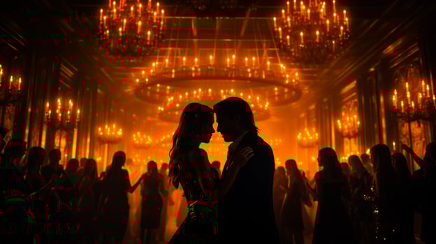 silhouette couple in love at the ball by the light of lamps and candles generative ai photo