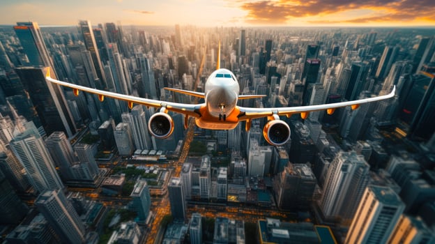 passenger plane flying over the metropolis city generative ai photo