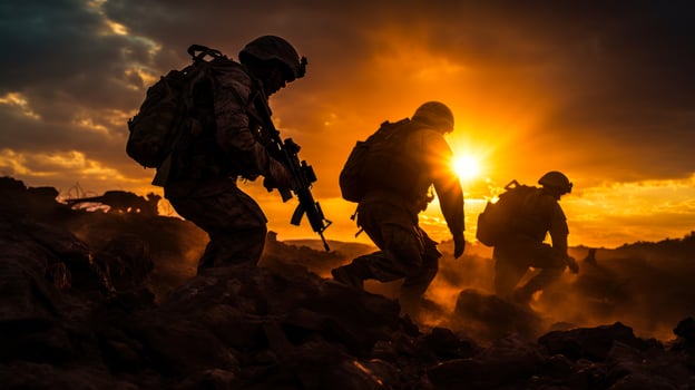 military soldiers move into position, war forces generative ai photo