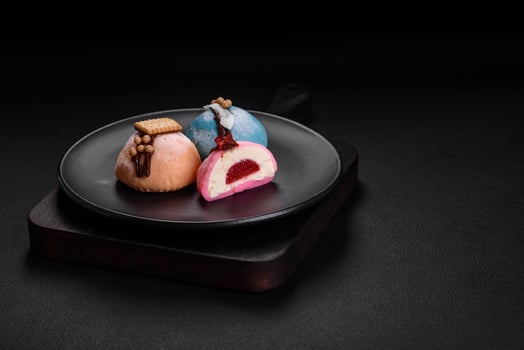 Delicious sweet colorful mochi desserts or ice cream with rice dough and toppings photo