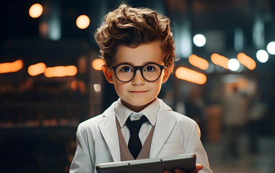 Happy little kid in doctor costume. AI Generated photo