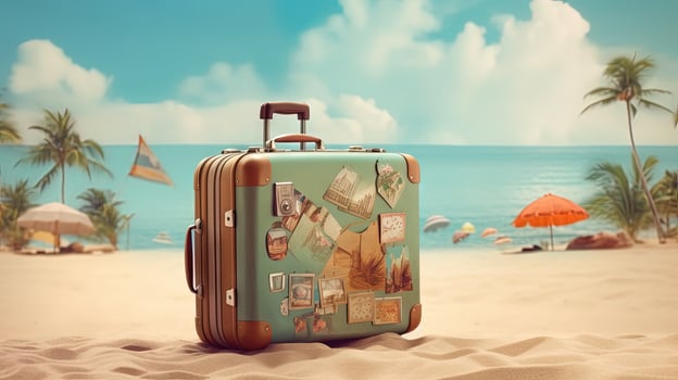 Suitcase in the sand of the beach. Vacation scene with travel case on the shore line. Generative AI. photo