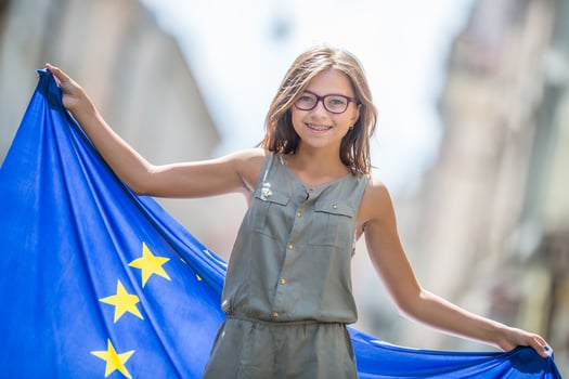 Cute happy young girl with the flag of the European Union photo