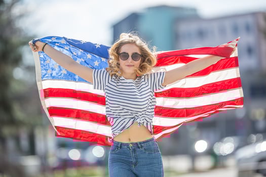 Attractive happy young girl with the flag of the United states of America photo