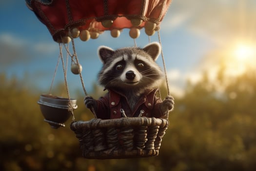 Adventurous Raccoon Soaring High in Hot Air Balloon Expedition - AI generated photo