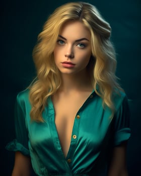 a beautiful blonde woman in a green shirt generative AI photo