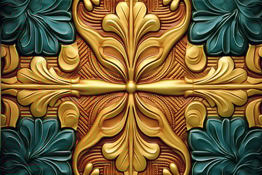 a golden and green wall with a cross on it generative AI photo